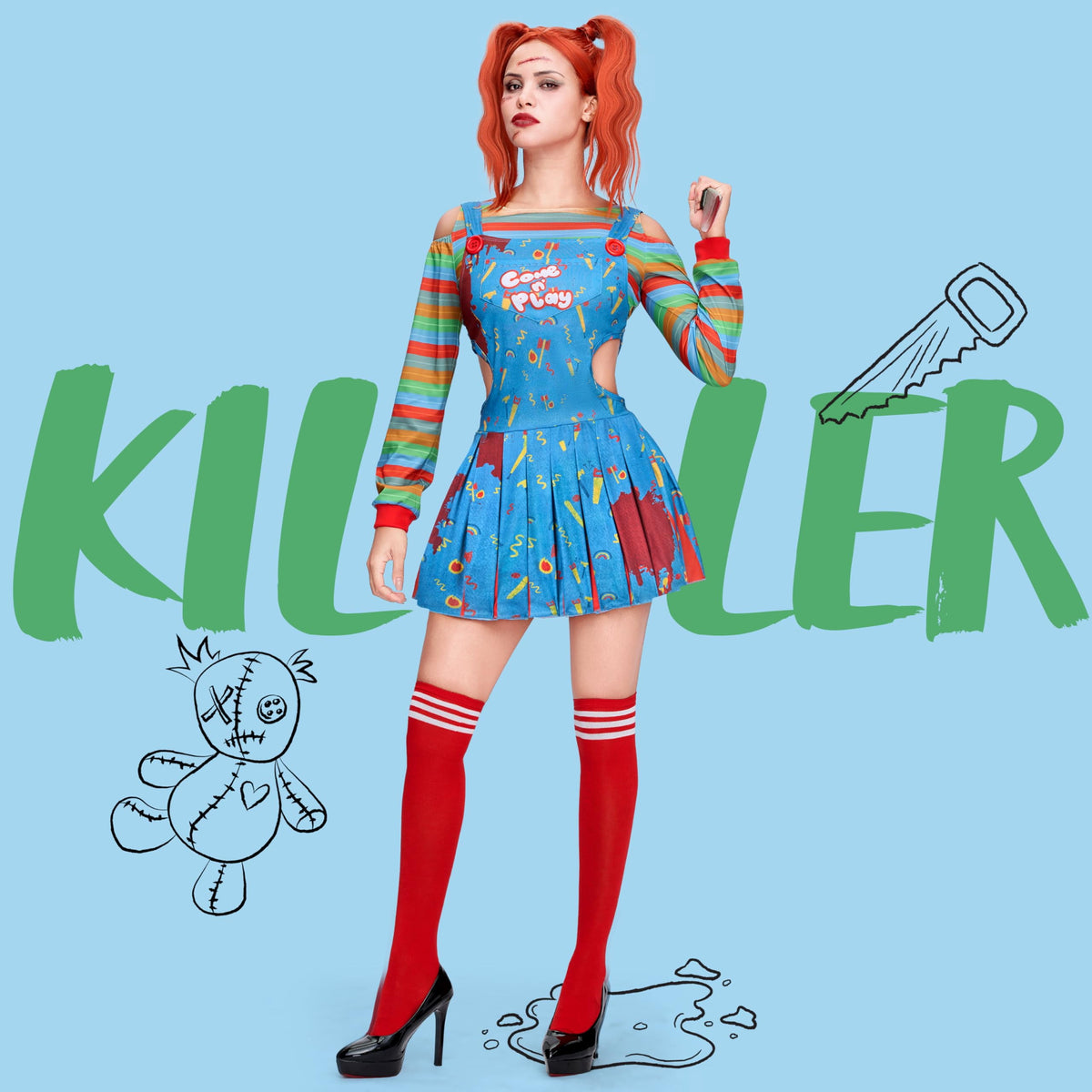 Joyfy Creepy Doll Costume for Women, Family Matching Killer Doll Costume for Halloween Fancy Dress up Cosplay