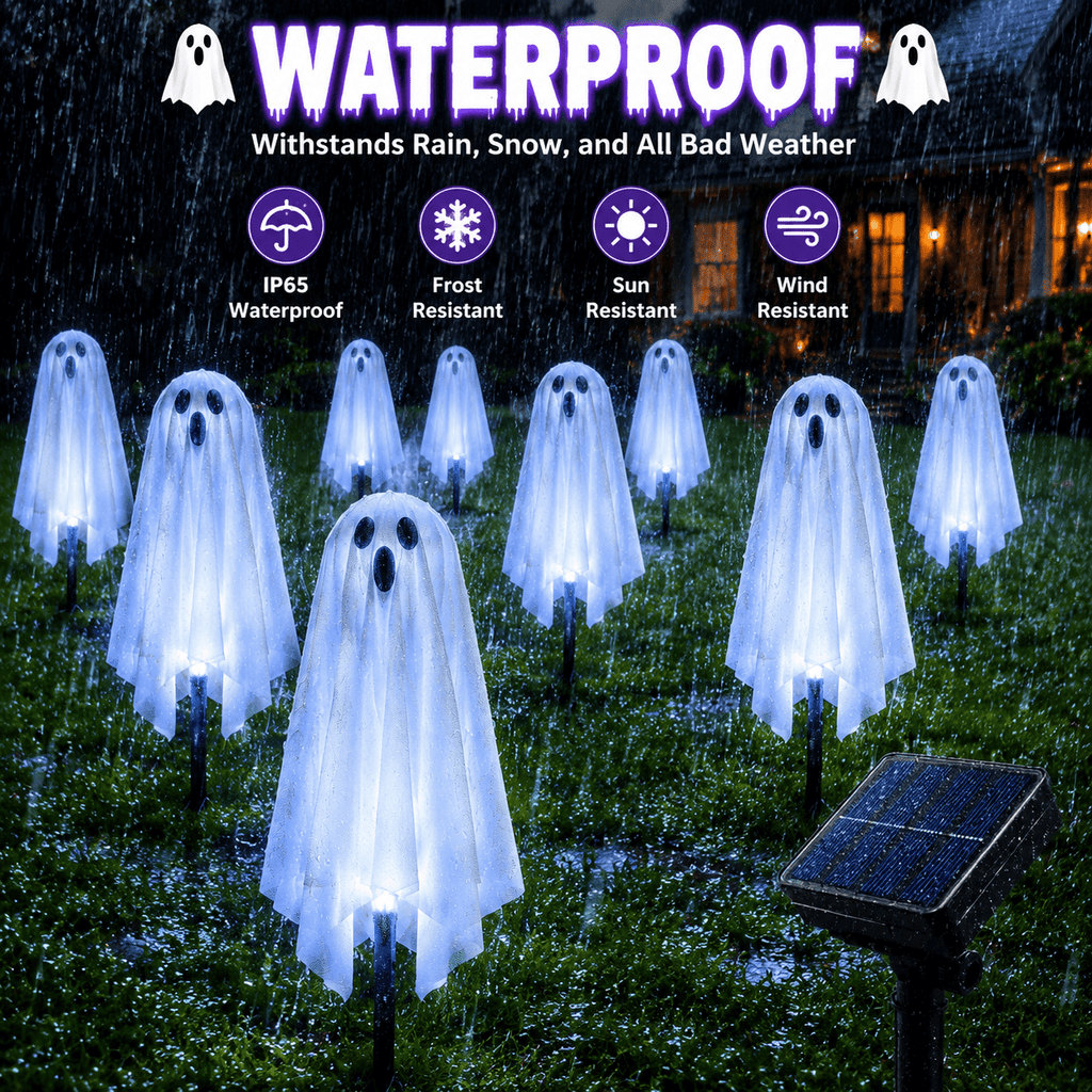 6 Pack Solar Halloween Ghost String Stake Lights, White LED Pathway Lights with 8 Lighting Modes, Waterproof Outdoor Halloween Decor for Garden Yard Lawn Walkway Graveyard Decor
