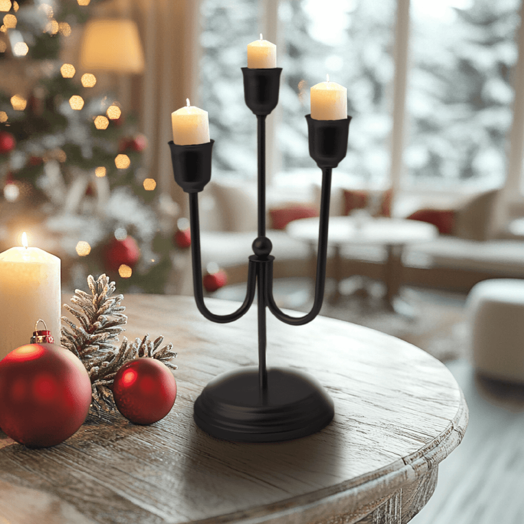 Home Decor Collection 3-Arm Black Metal Taper Candle Holder – Elegant Gothic Decor for Halloween, Mantel, Kitchen Table, Wedding, or Party, 9"