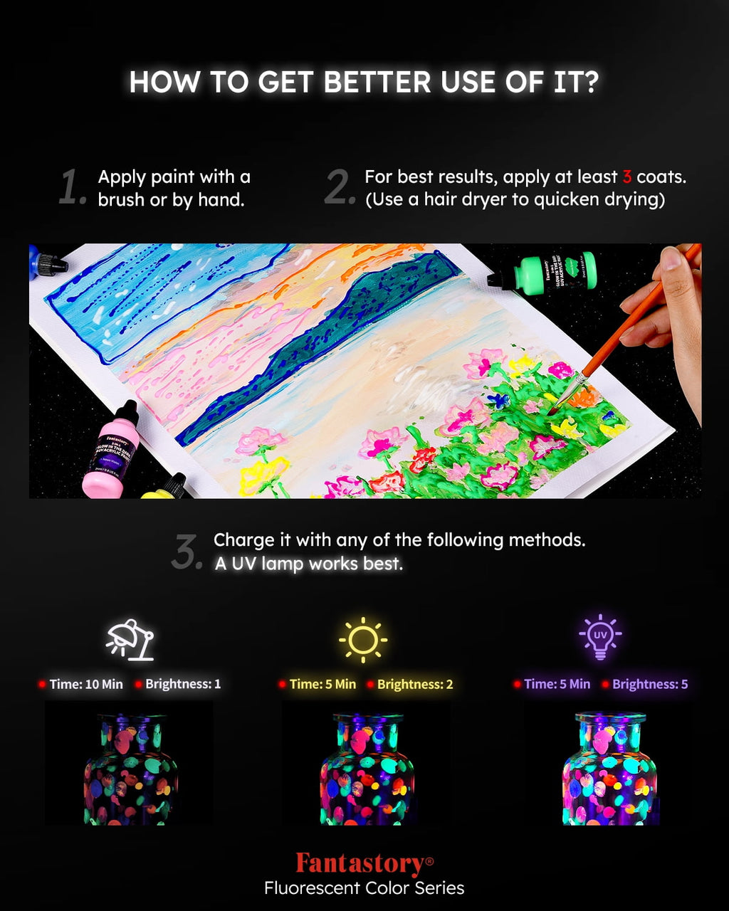 Fantastory Glow in the Dark Acrylic Paint, Multi-Surface, 8-Color Set, 0.8 fl oz Each