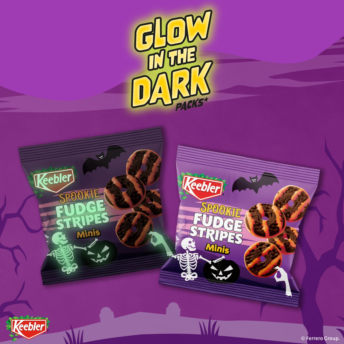 Keebler Spookie Fudge Stripes Minis, Halloween Candy, Chocolatey Cookies, 30 Glow-in-the-Dark Packs, 15 oz