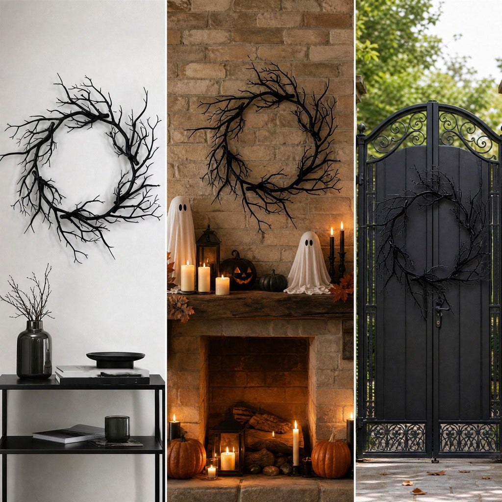 WWC Halloween Wreath, 18 inch Black Bats and Bare Branch Wreath, Gothic Halloween Decor Twig Wreath for Halloween Party Front Door Porch and Fireplace