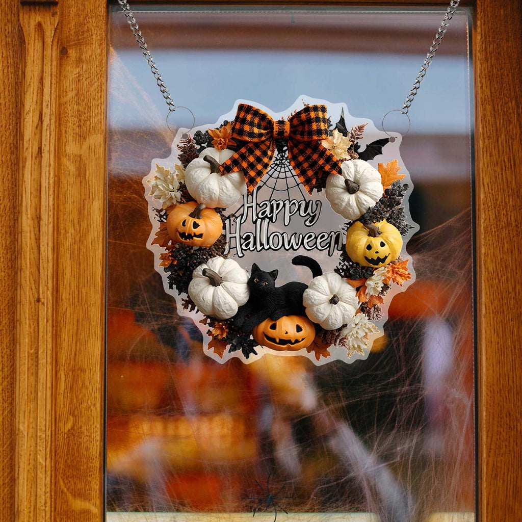 Btomtd Diameter 8" Pumpkin Skull Wreath Halloween Decor Acrylic Round Disk Hanging Ornament with Garland for Front Door Window, A