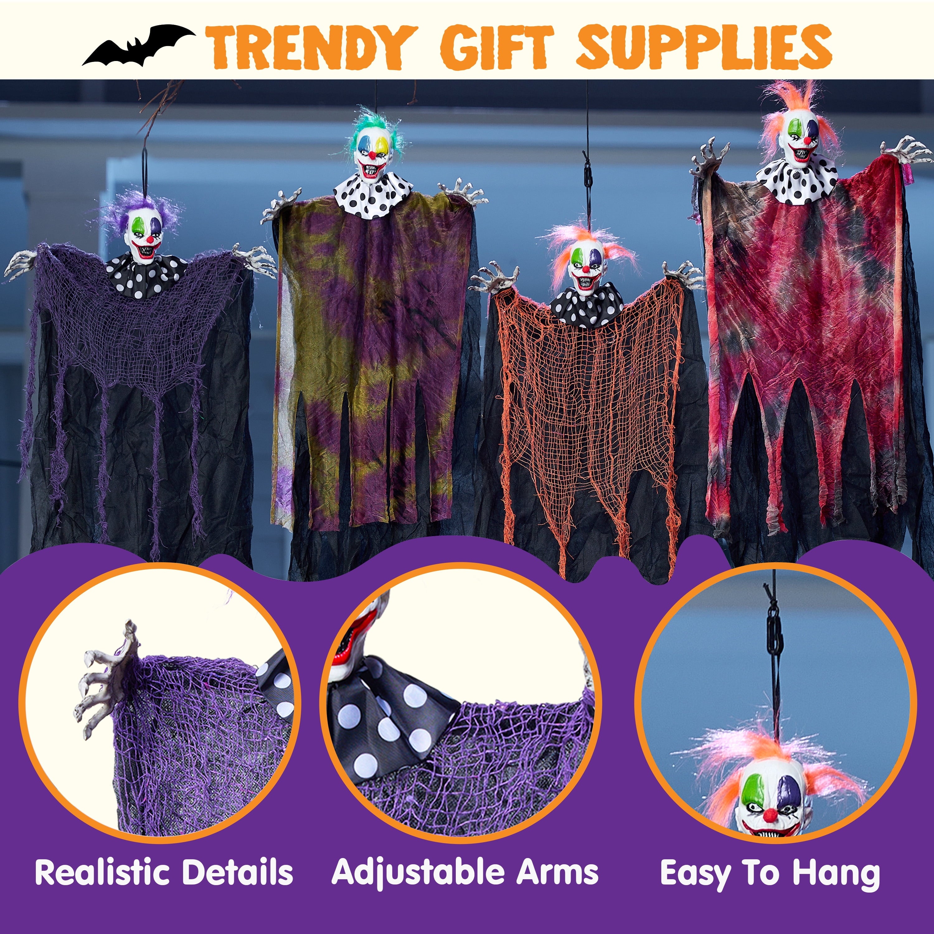 Joyfy 65" Halloween Hanging Scary Clown Decorations with Chain, with LED Lights Talking Animatronics Decor Outdoor Indoor for Haunted House Lawn Yard Patio