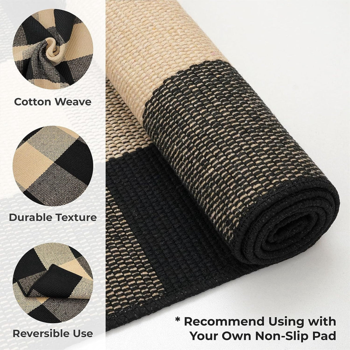 HearthHarmony Buffalo Plaid Area Rugs 2x3 Ft Brown and Black Checkered Rugs Washable Front Door Mat Hand Woven Cotton Outdoor Small Rug for Front Porch Kitchen Entryway Patio Bathroom