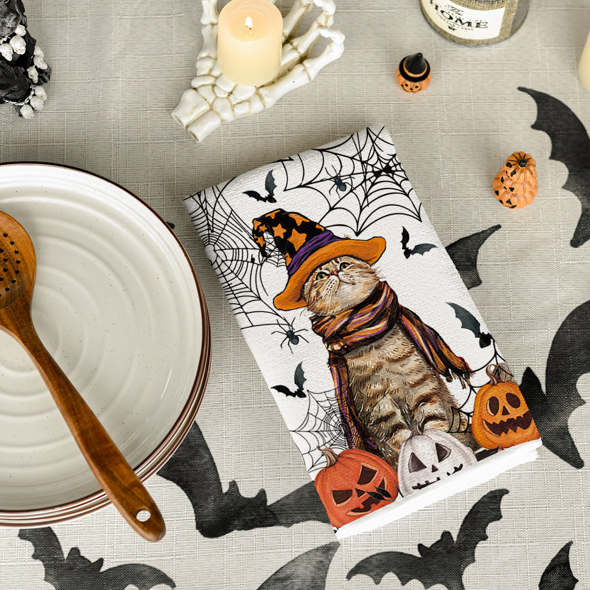 Sm:)e Spider Web Jack-O'-Lantern Pumpkin Cat Happy Halloween Kitchen Towels Dish Towels 18x26 Inch Set of 2