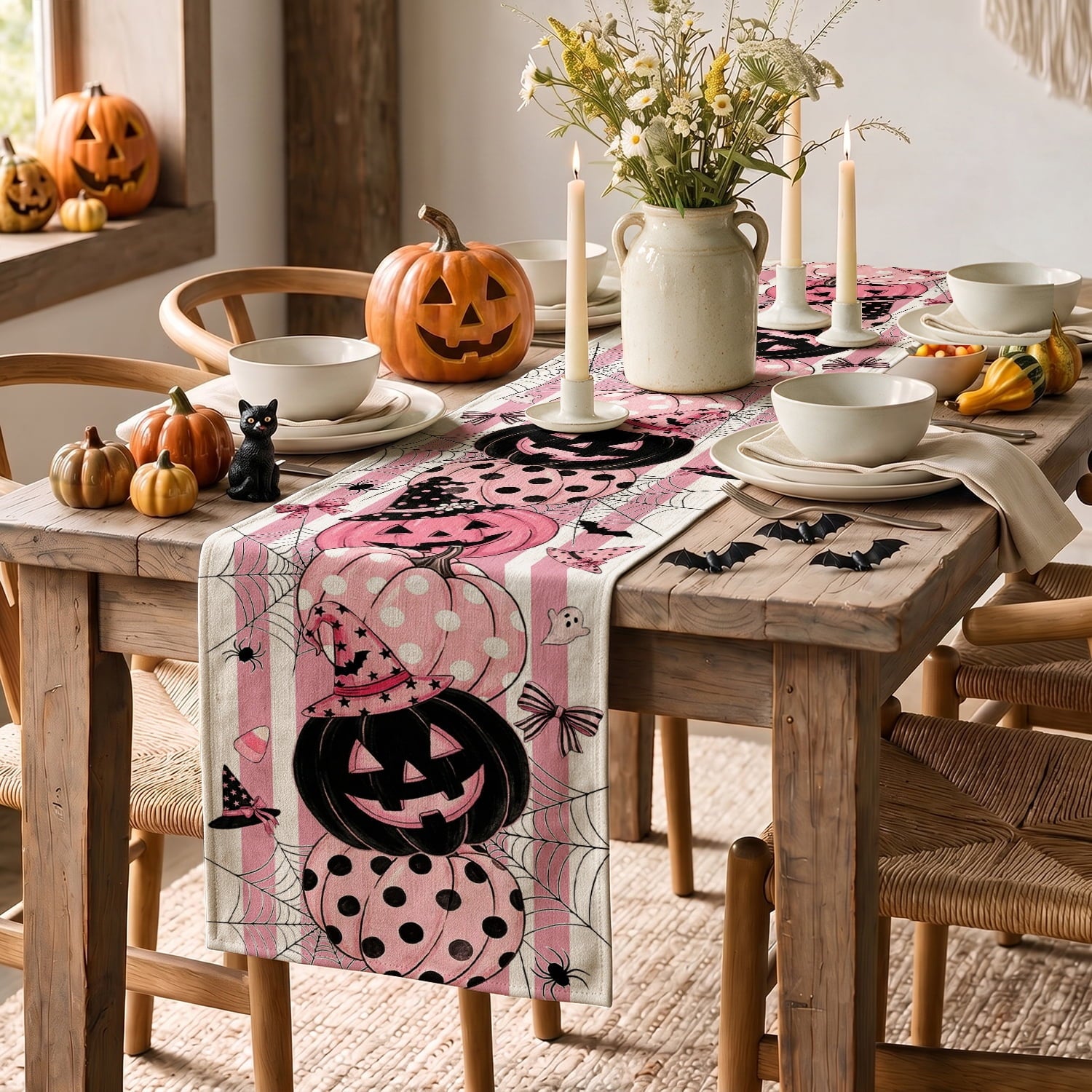 Sm:)e Halloween Table Runner Ghost Pumpkin 13x72 Inch, Halloween Party Kitchen Dining Indoor Outdoor Decorations,Orange