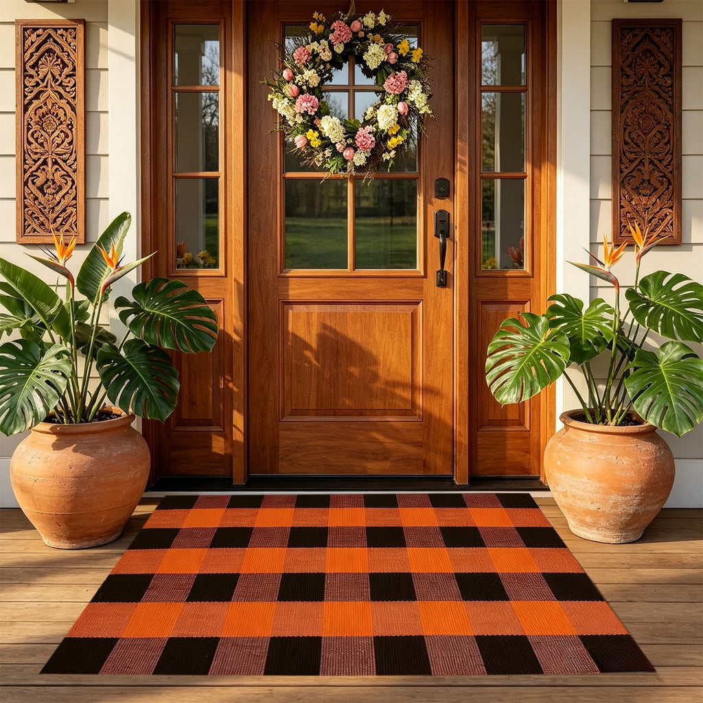 Orange Plaid Fall Outdoor Mat, Hand-Woven Porch Rug for Thanksgiving Halloween Door Decor