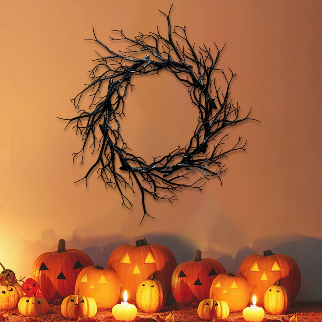 WWC Halloween Wreath, 18 inch Black Bats and Bare Branch Wreath, Gothic Halloween Decor Twig Wreath for Halloween Party Front Door Porch and Fireplace