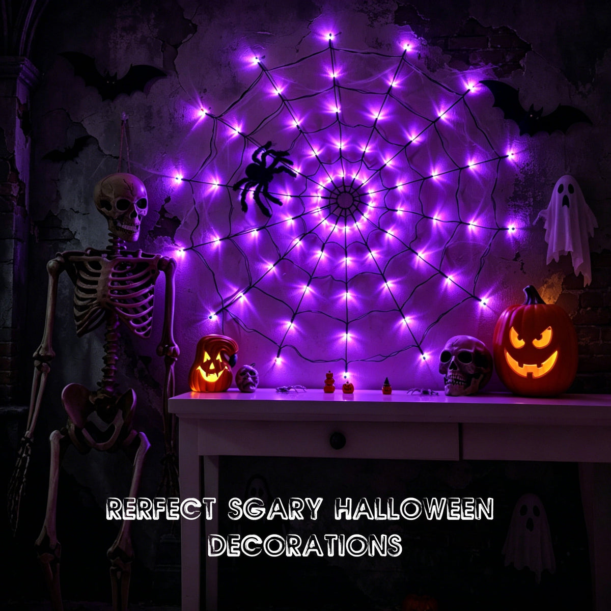 DAYBETTER Halloween Spider Web Lights, 4FT Purple LEDs with Hairy Black Spider, Remote Control, Waterproof for Indoor, Outdoor, Halloween Decor
