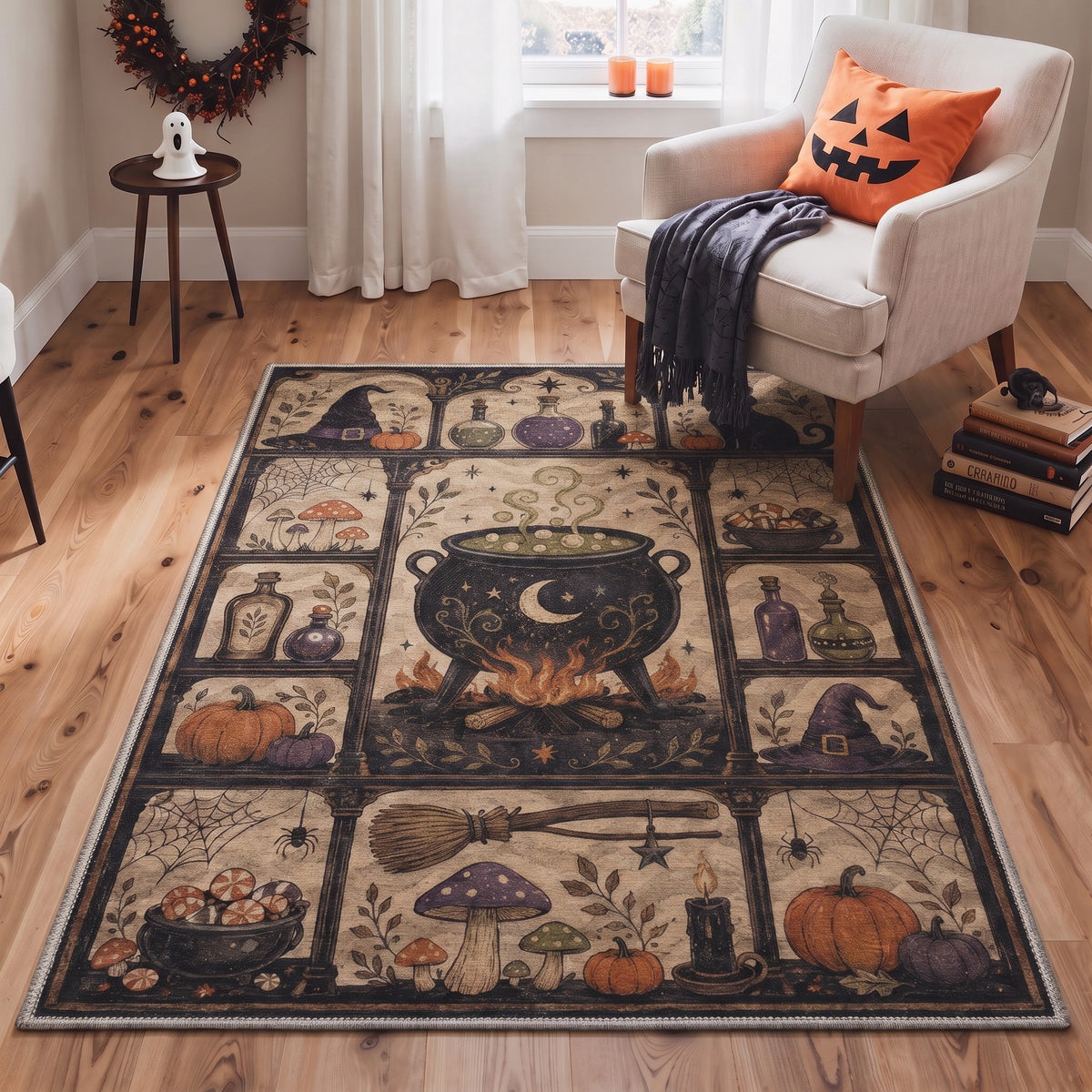 GENIMO 2'x7' Halloween Runner Rug, Washable Non Slip Soft Farmhouse Pumpkin Indoor Outdoor Hallway Runner for Porch Patio Kitchen Entryway, Vintage Sepia