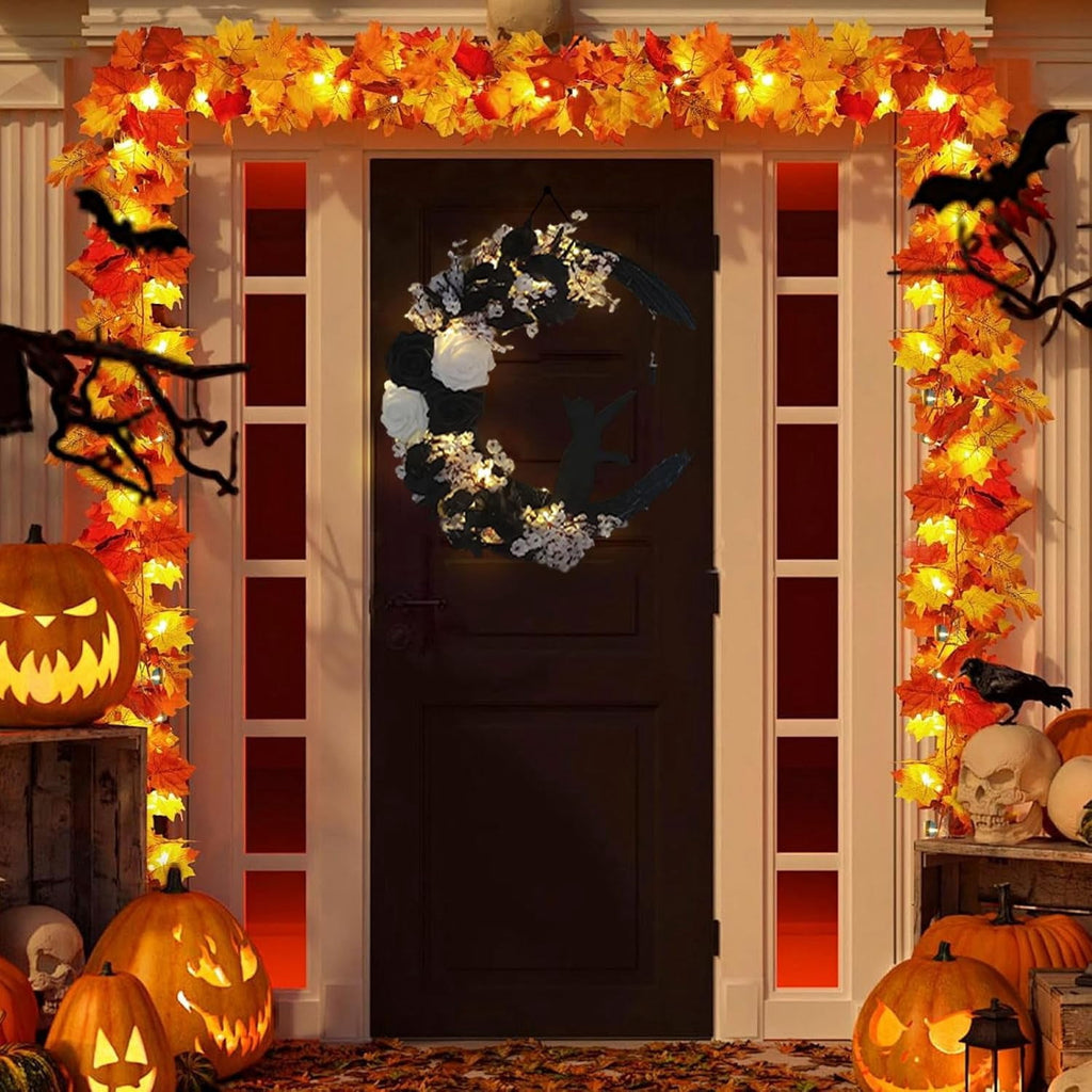 Halloween Wreaths For Front Door, Flower Moon Cat Halloween Home Decoration, Halloween Family Gathering Decoration Wreath，Outdoor, Wall, Closet, Fence, Wreath Halloween (Pink roses)