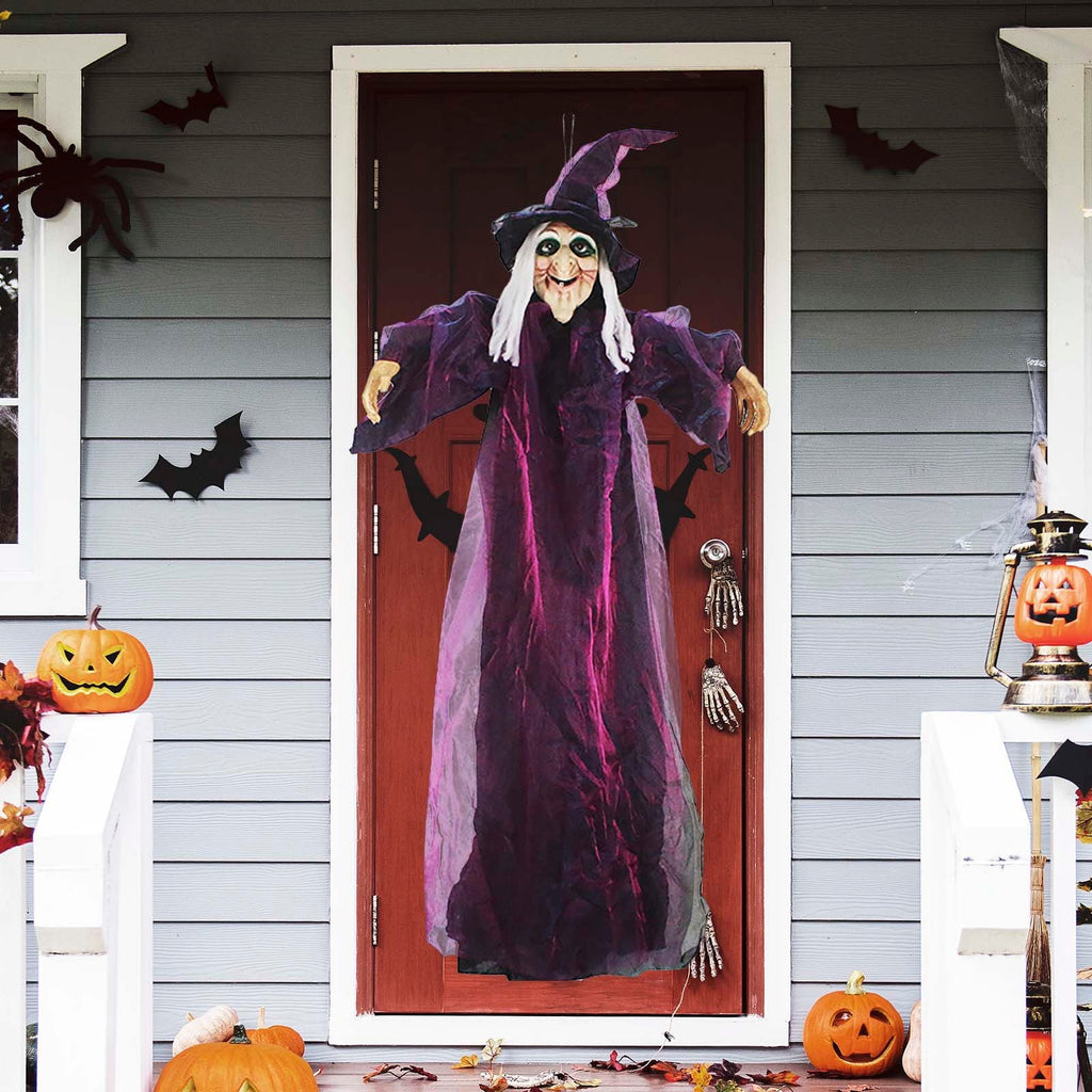 Halloween Animatronics Witch Decorations, 6 FT Hanging Witch Halloween Decor, Giant Animated Standing Talking Witch with Red Eyes, Flying Witch Standing Decor for Scary Decors Prop