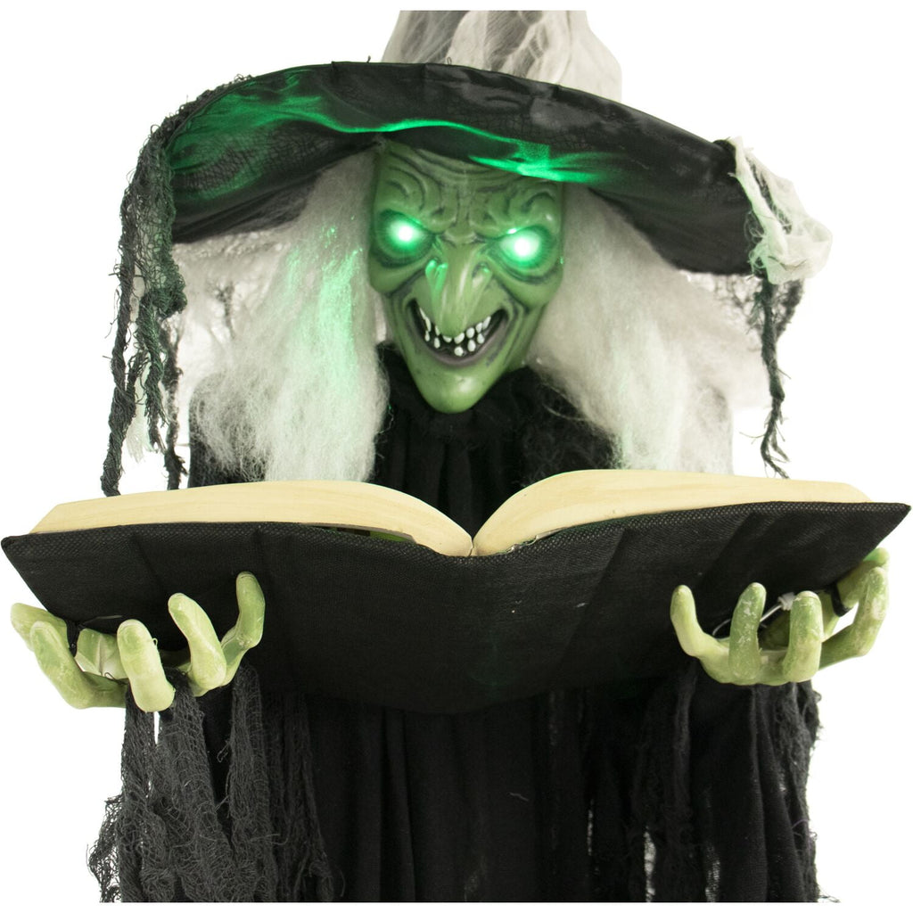 Haunted Hill Farm 5.5 ft Poseable Witch with Spell Book, Lights and Sound, Indoor/Covered Outdoor Halloween Decoration, HHWITCH-9FLS