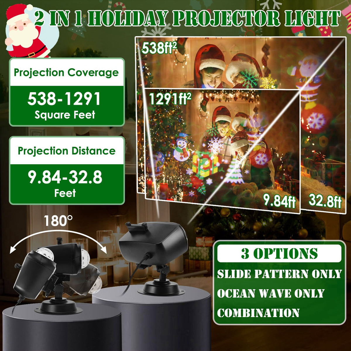 Moclever 2 in 1 Holiday Projector Lights, Indoor Outdoor LED Projection Lamp with 10-Color Ocean Wave 10 HD Slides 3 Bases Remote Control for New Year Christmas Halloween