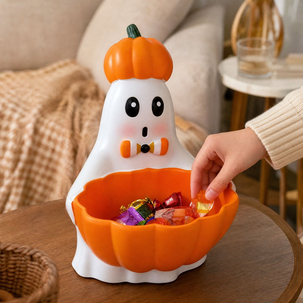 Diceymbol Halloween Pumpkin Snack Bowl Stand Collapsible Broomstick Candy Tray for Cupcakes & Desserts, Resin Serving Platter with Ceramic Pumpkin Bowls