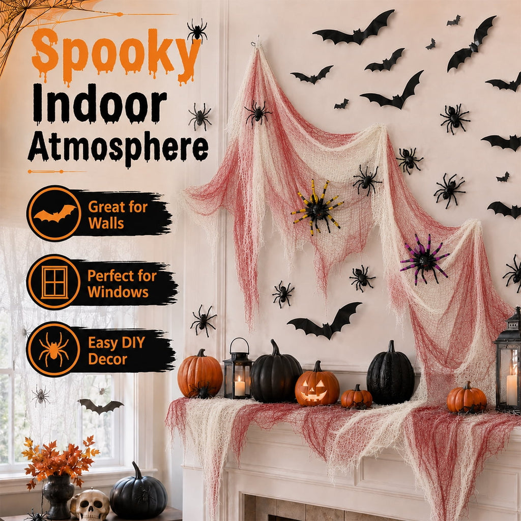 Halloween Creepy Cloth Halloween Gauz Scary Decoration with Bats Spiders Fabric Hanging Spooky Stuff for Indoor Outdoor Home Wall Haunted House Party Supplies 88Pcs Set 1