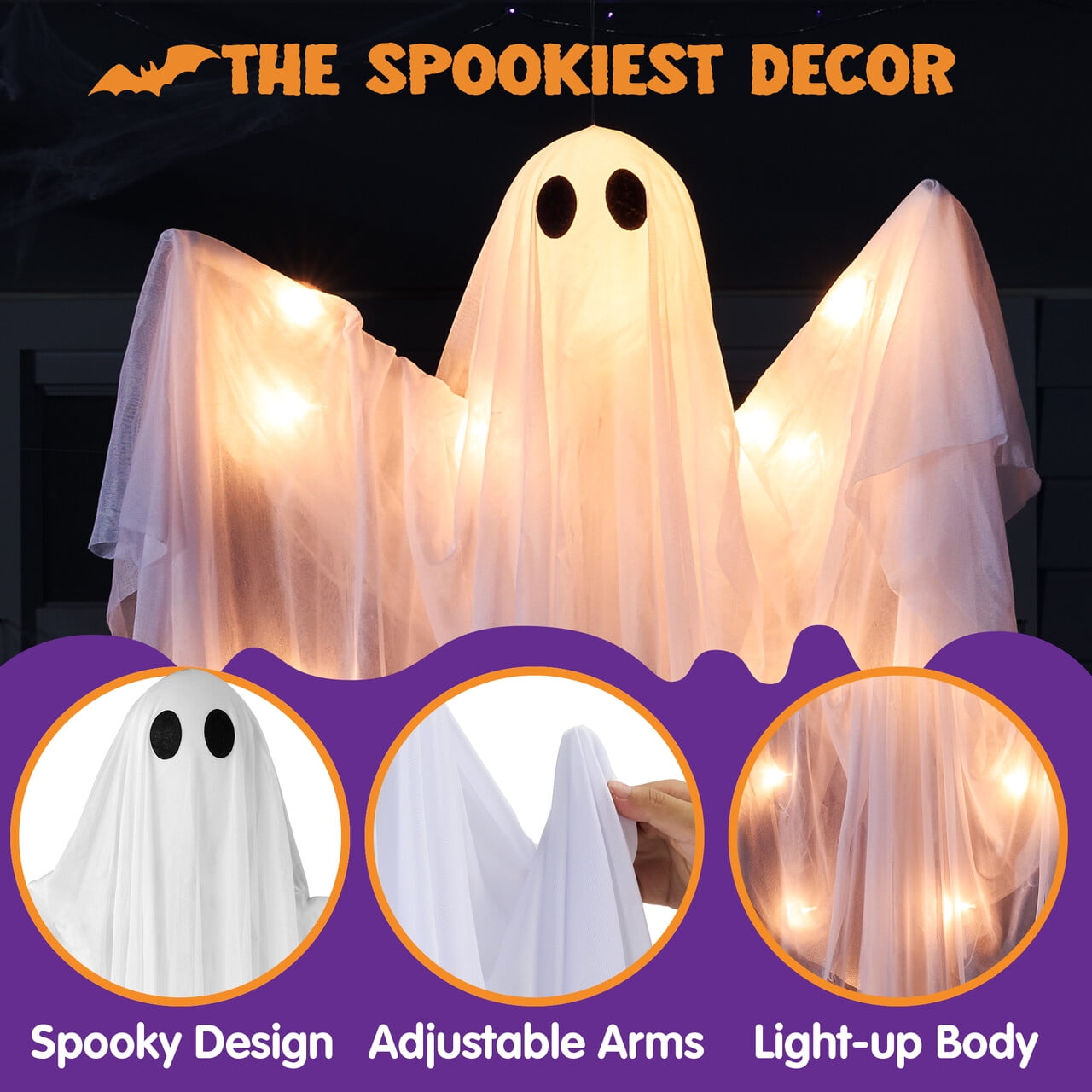 Joyfy 47inch Halloween Decorations Outdoor Hanging Ghost,Light up White Ghosts with Spooky Warm White LED Light,Halloween Outdoor Yard Porch Decorations,Haunted House Decorations