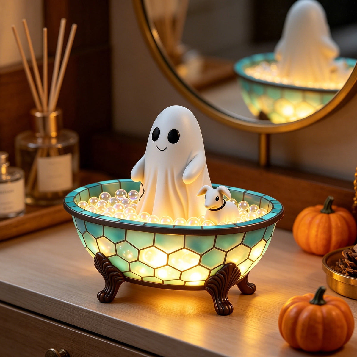 Fwttom Ghost Night Light, Halloween Lights Cute Ghost Reading Book Lamp, Halloween Decorations Indoor Light Up Ghost Statue Ghost Light for House Mantel Bedside