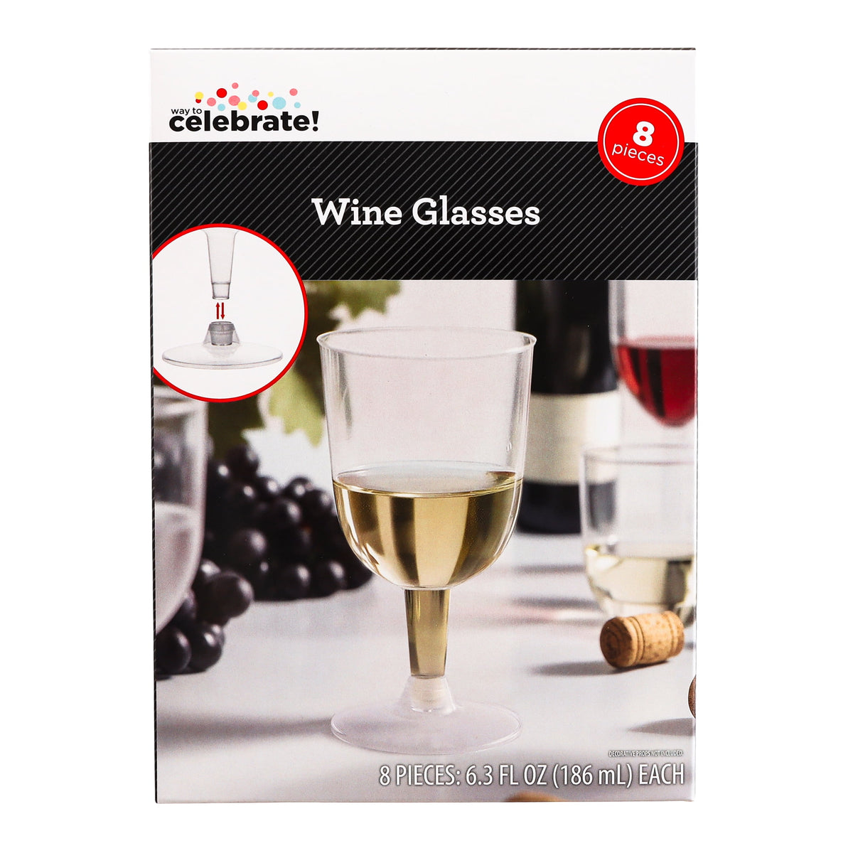 Way To Celebrate Clear Plastic Wine Glasses, 8 Count, 6.3 fl oz, 4.84 in x 2.64 in
