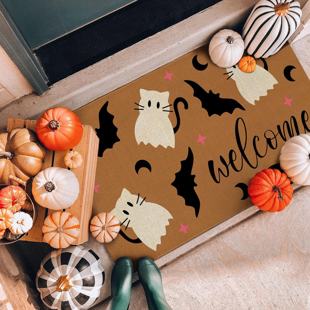 Halloween Door Mat,Cute Cat Spooky Ghost Bats Outdoor Mats for Front Door,Fall Halloween Indoor Entrance Non-Slip Doormat Entryway Welcome Rubber Mats for Porch Decor 30" x 17"