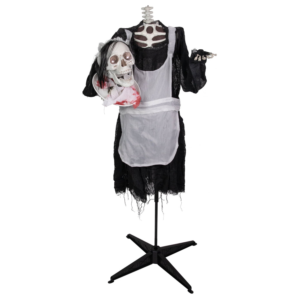 57" Animated LED Lighted Head-in-Hand Skeleton Maid Halloween Decoration