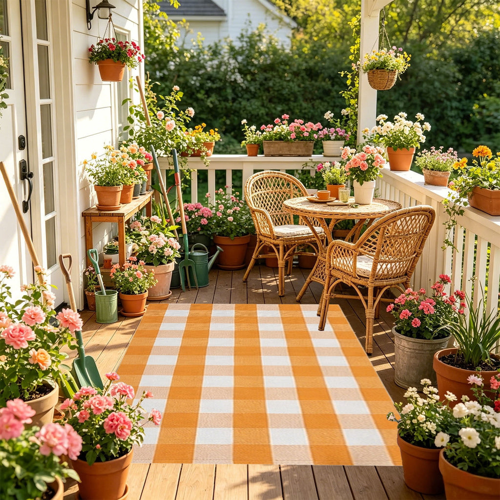 Orange Plaid Fall Outdoor Mat, Hand-Woven Porch Rug for Thanksgiving Halloween Door Decor