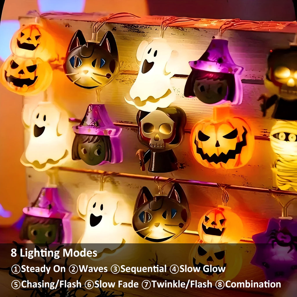 PMMIPNW Halloween LED Fairy String Lights 20LED - Spooky Pumpkin, Witch, Mummy & Cat, 8 Modes with Timer, Designs for Party Decor, Battery Operated Halloween Decorations