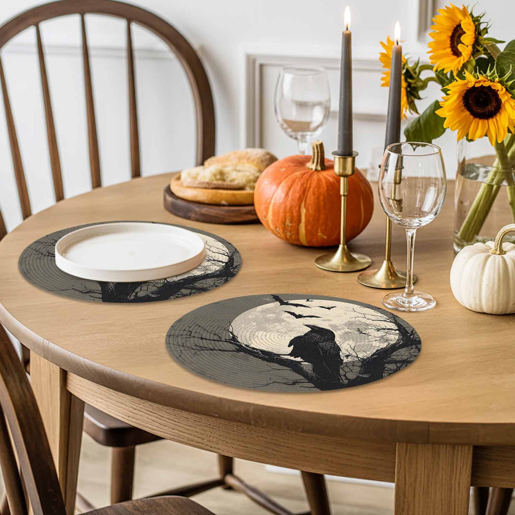 Halloween Round Placemats Set of 4 Black Crow Bats Place Mats Washable Woven Placemat Horror Moon Tree Branch Circle Braided Table Mat for Kitchen Dining Table Holiday Party Home Decor 15 Inch