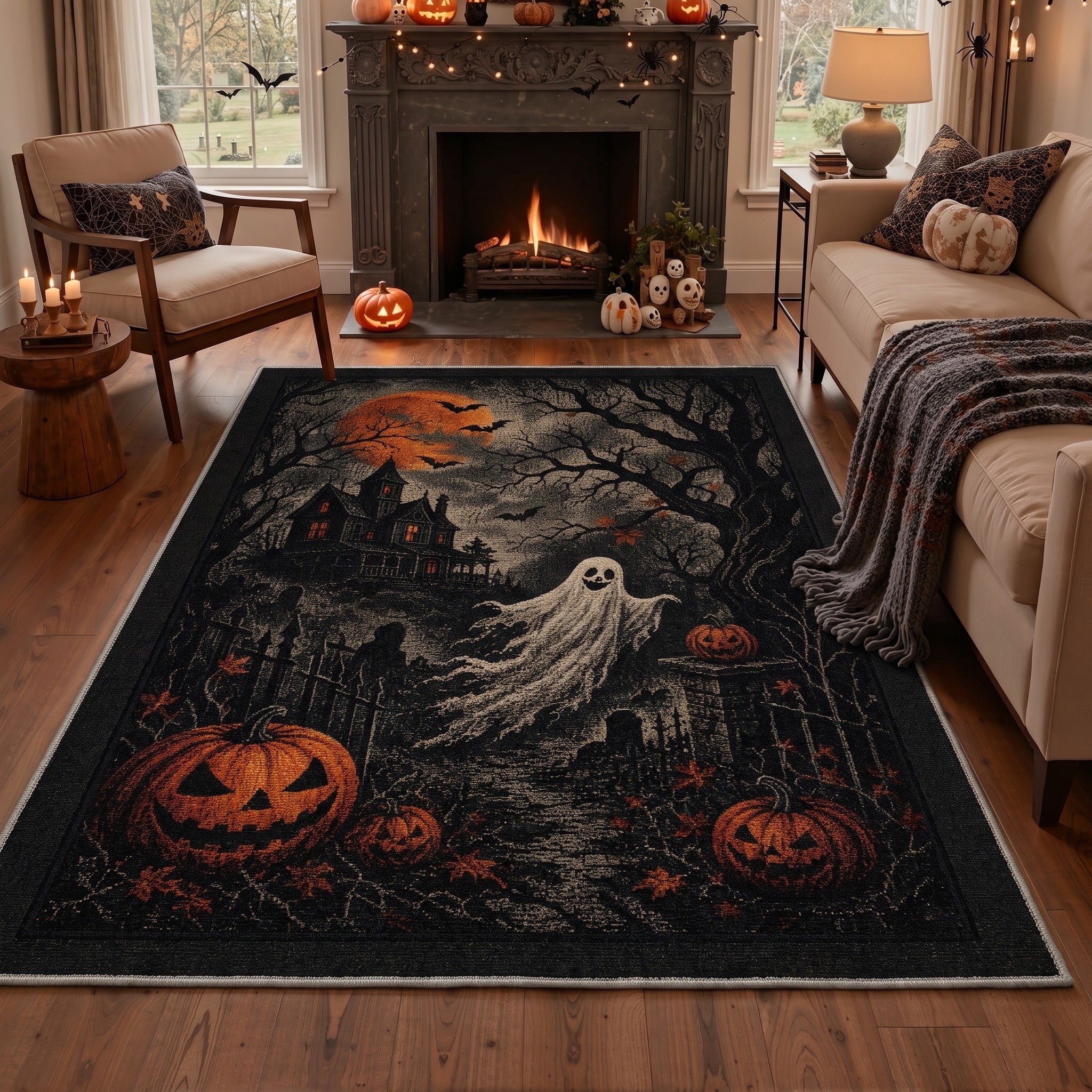 GENIMO 2'x7' Halloween Runner Rug, Washable Non Slip Soft Whimsical Skeleton Indoor Outdoor Hallway Runner for Porch Patio Kitchen Entryway, Charcoal Black
