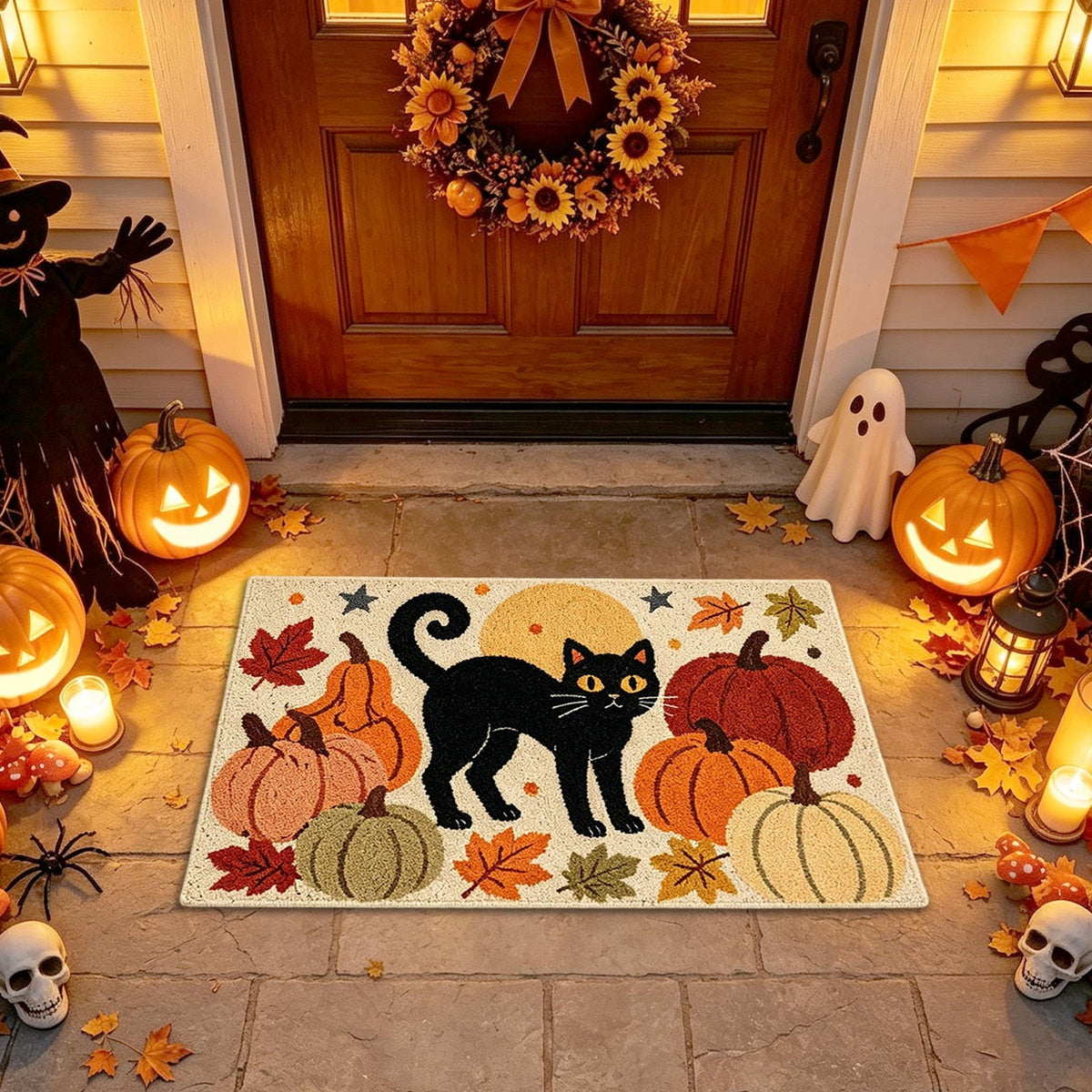 Halloween Decor Black Cat Doormat 15.75x23.62 Inch Fall Pumpkin Moon Design Non Slip Indoor Entrance Rug for Home Entryway Decor