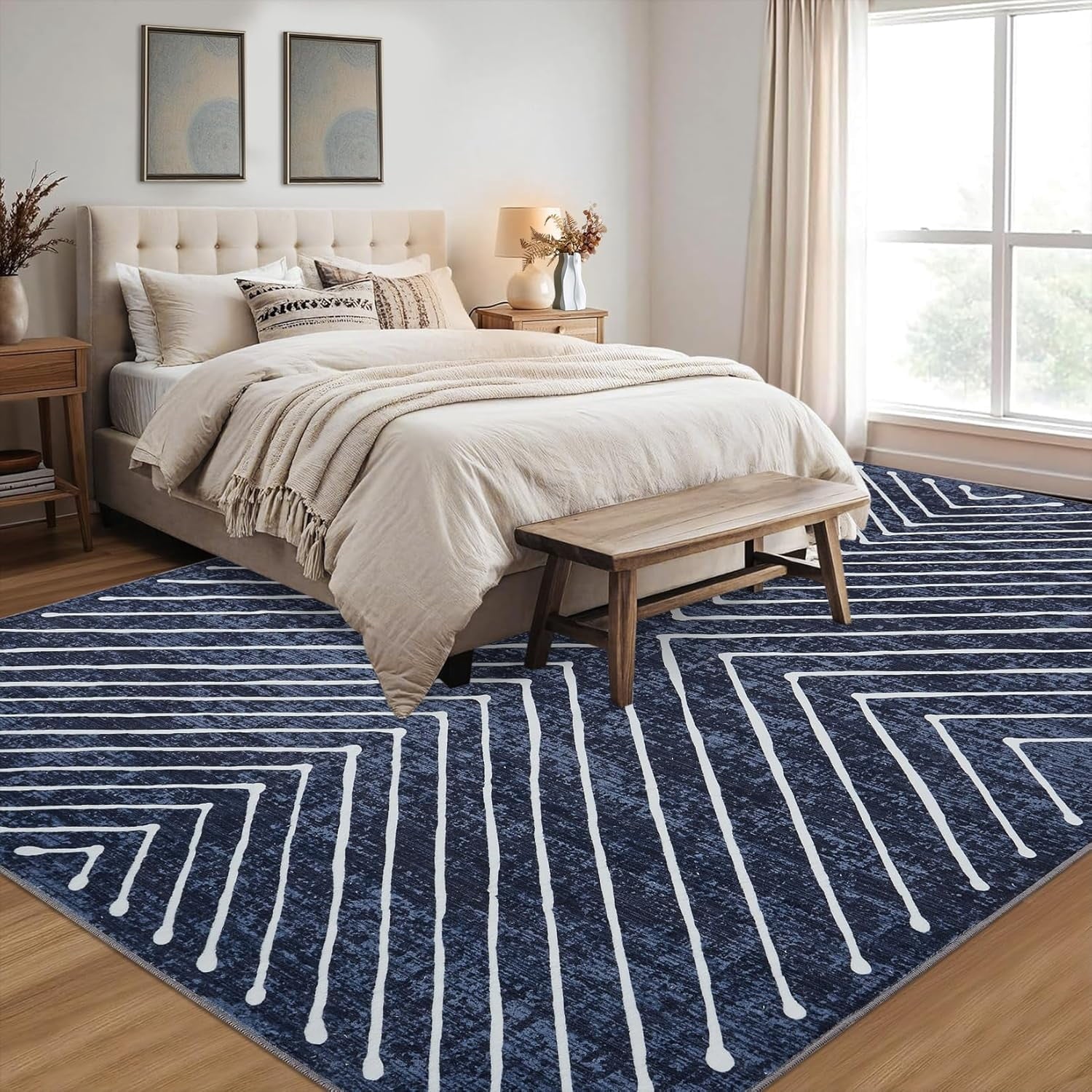 Washable Rug 10x13 Area Rug for Bedroom Modern Living Room Rug Non Slip Striped Large Area Rug Soft Non Shedding Throw Rugs Stain Resistant Carpet for Dining Room Nursery Navy 10'x13'