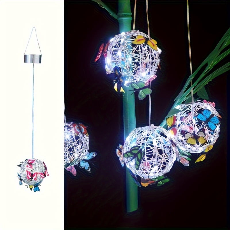 Hanging Solar Light Round Ball with Colorful Butterfly with Weaving String Special Gift for Garden Patio Gazebo Decor Camping
