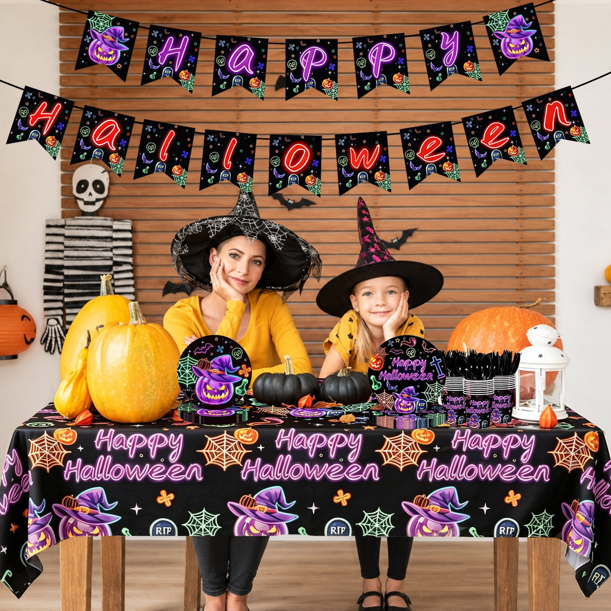 Wowhub Boo Ghost Pumpkin Halloween Tableware Set Serves 24, Halloween Plates and Napkins, Disposable Summerween Party Supplies with Cups, Cutlery & Tablecloth for Halloween Birthday Decorations