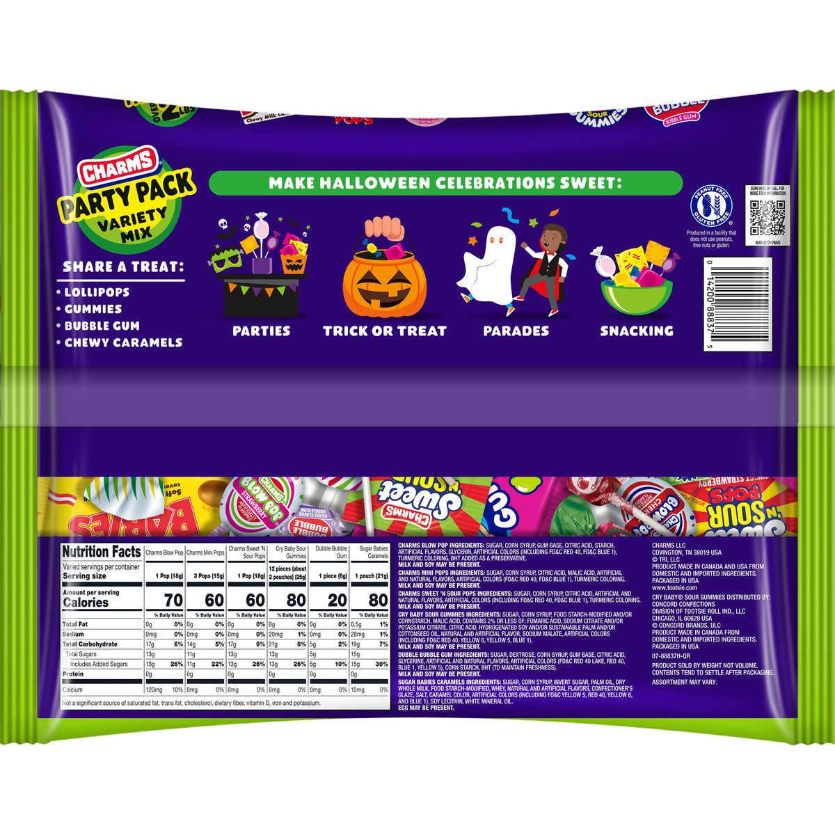 Charms Halloween Party Pack, Assorted Halloween Chewy Candy, Individually Wrapped, 37.62 oz. Peanut Free and Gluten Free. Contains Milk and Soy.