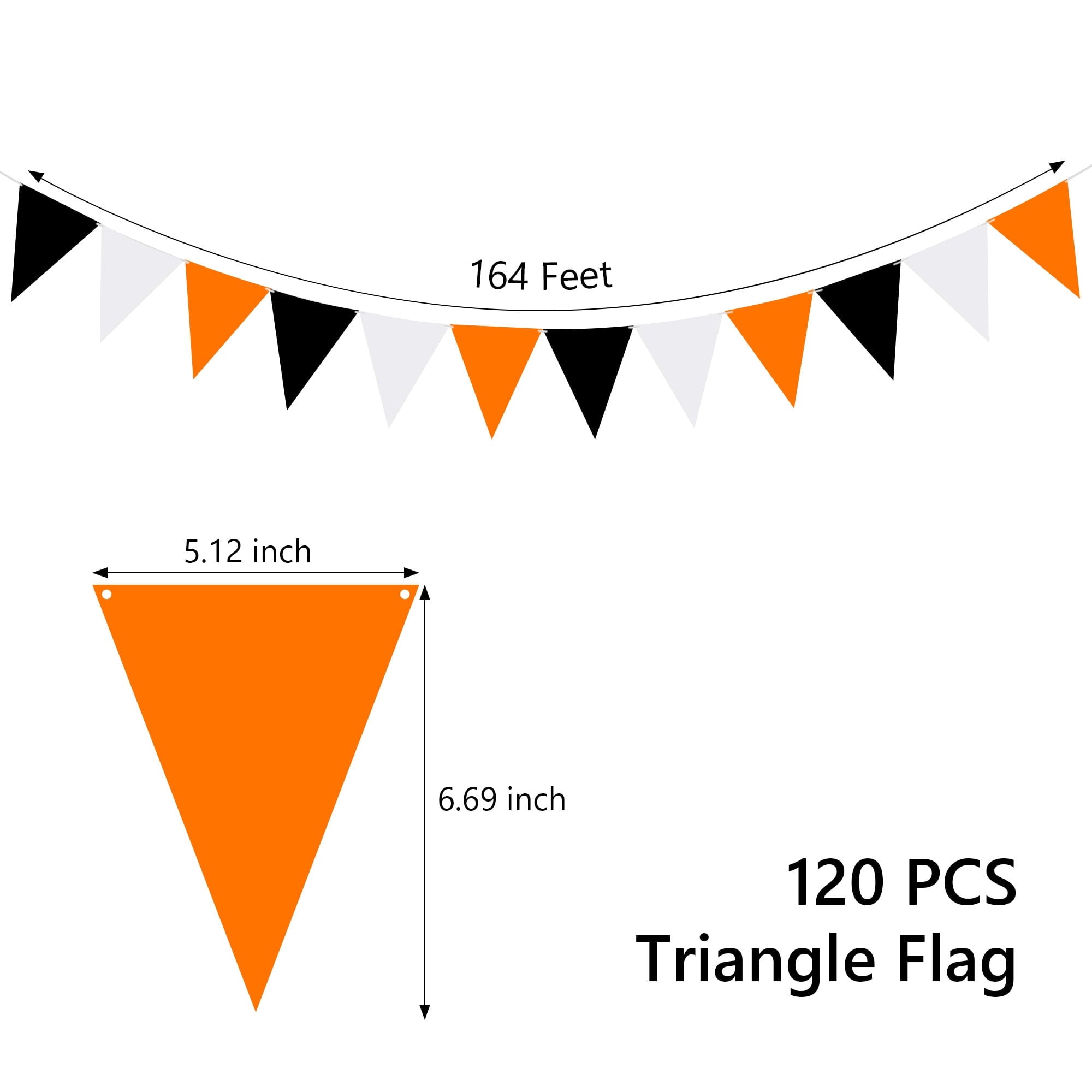Tripumer 120 Pcs Triangle Flag Banner String for Halloween Decorations 164ft Birthday Hanging Flag for Birthday Party Mardi Gras Outdoor Event Decorations - Black+White+Orange