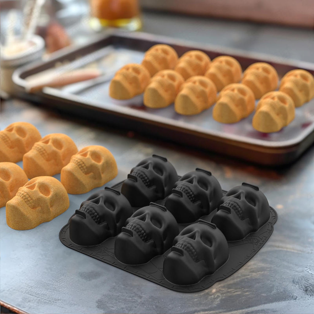 Halloween 6-Cavity Skull Silicone Cake Mold, Nonstick Skull Baking Pan for Mini Cakes, Chocolate, Pudding, Jello & Soap, BPA-Free Food Grade, Dishwasher Safe