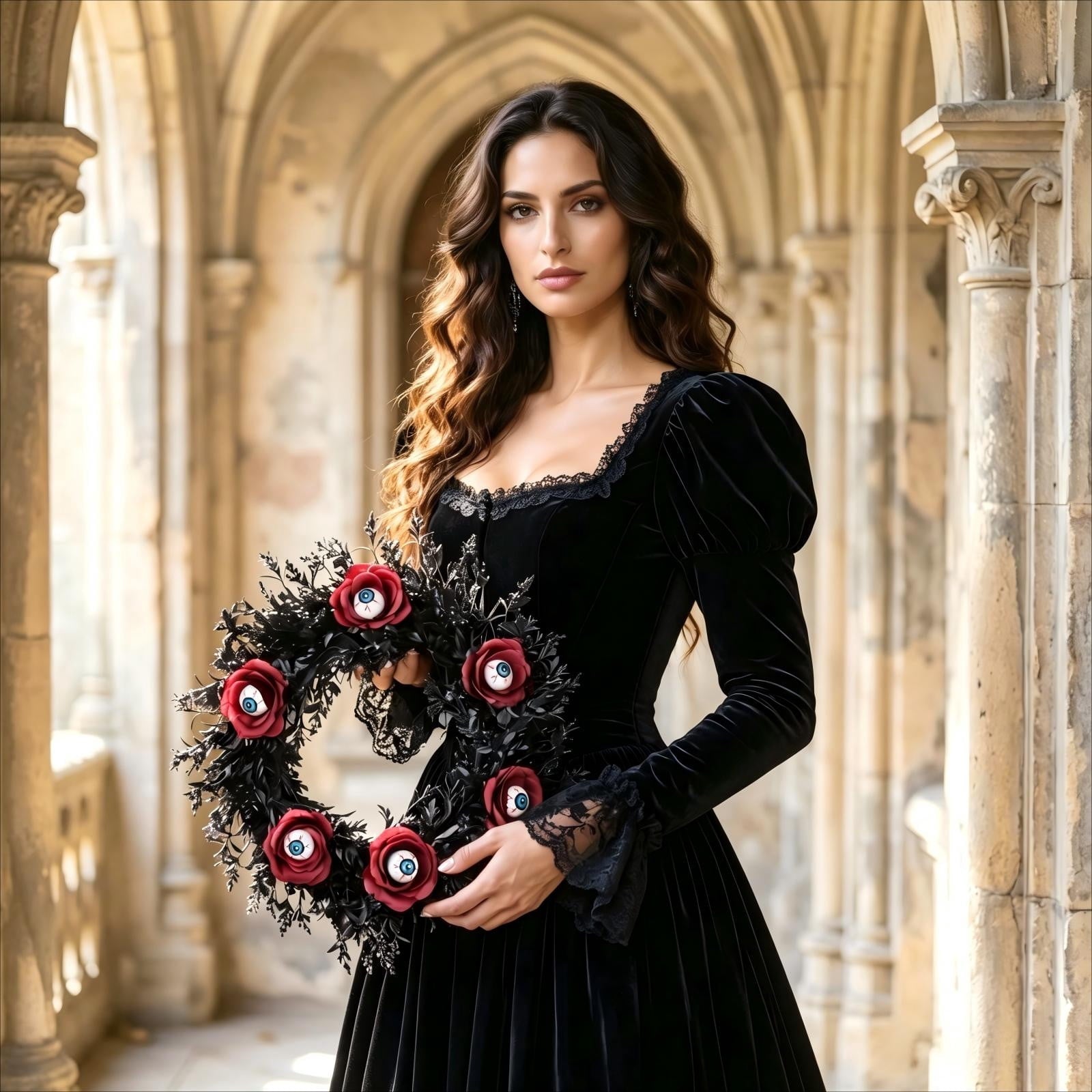 Gcvizuso Halloween Crescent Floral Wreath, Orange Red Rose Hydrangea Fall Front Door Decor for Autumn Harvest Celebration