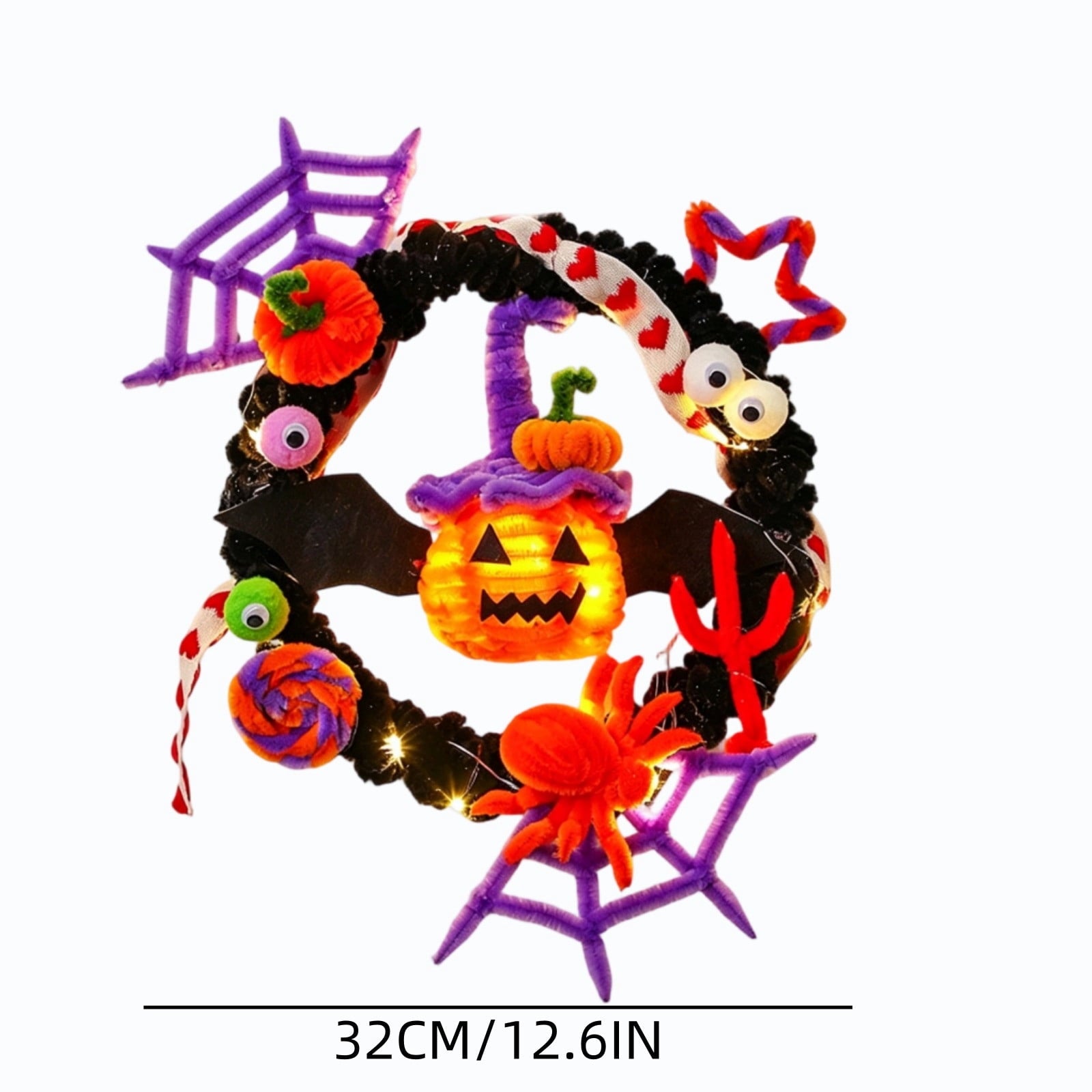 WWC Halloween Wreath, Orange LED Pumpkin and Bats Wreath, Gothic Halloween Decorations Wreath for Front Door, Indoor Outdoor Party Decor