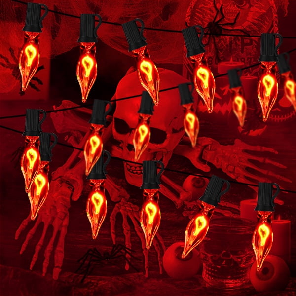 12.8Ft Christmas Lights Flickering Flame String Lights with 12 Pack Clear C7 Flame Light Bulbs（2 Spare）, Great for Indoor Outdoor Home Patio Party Christmas Decorations Lights, 1W, E12 Base