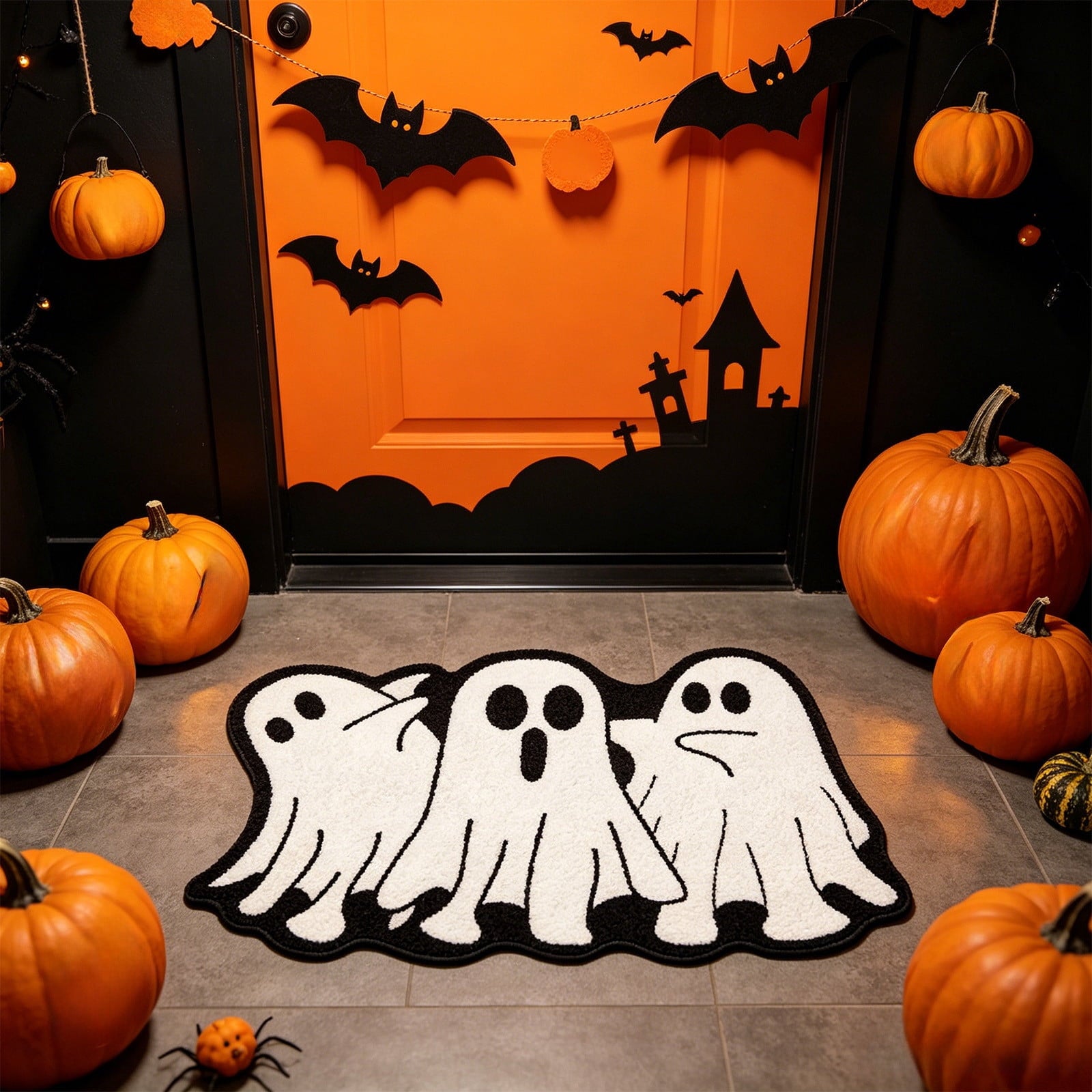 BingTong Cartoon Ghost Themed Fall Welcome Mat,Variety Spooky Adorable Ghost Shape Entryway Rug,Weather Resistant Low Profile Door Mat for Home Apartment Cafe Halloween Decoration Ghost F
