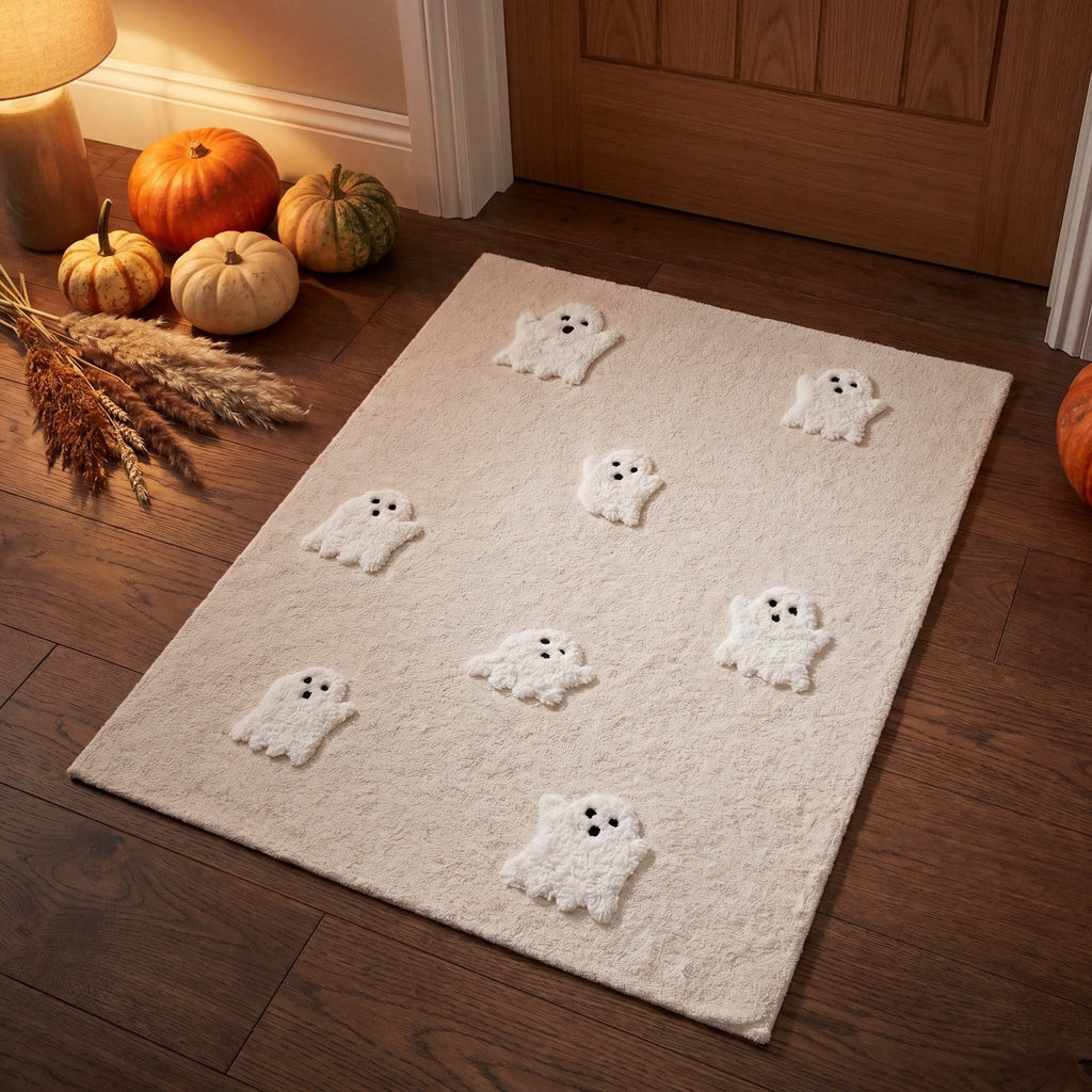 OutmaxHome Halloween Theme Cute Ghost Print Doormat, 15.8x23.6 Inch Non-Slip Absorbent Mat, Easy to Clean, for Front Door, Porch, Farmhouse