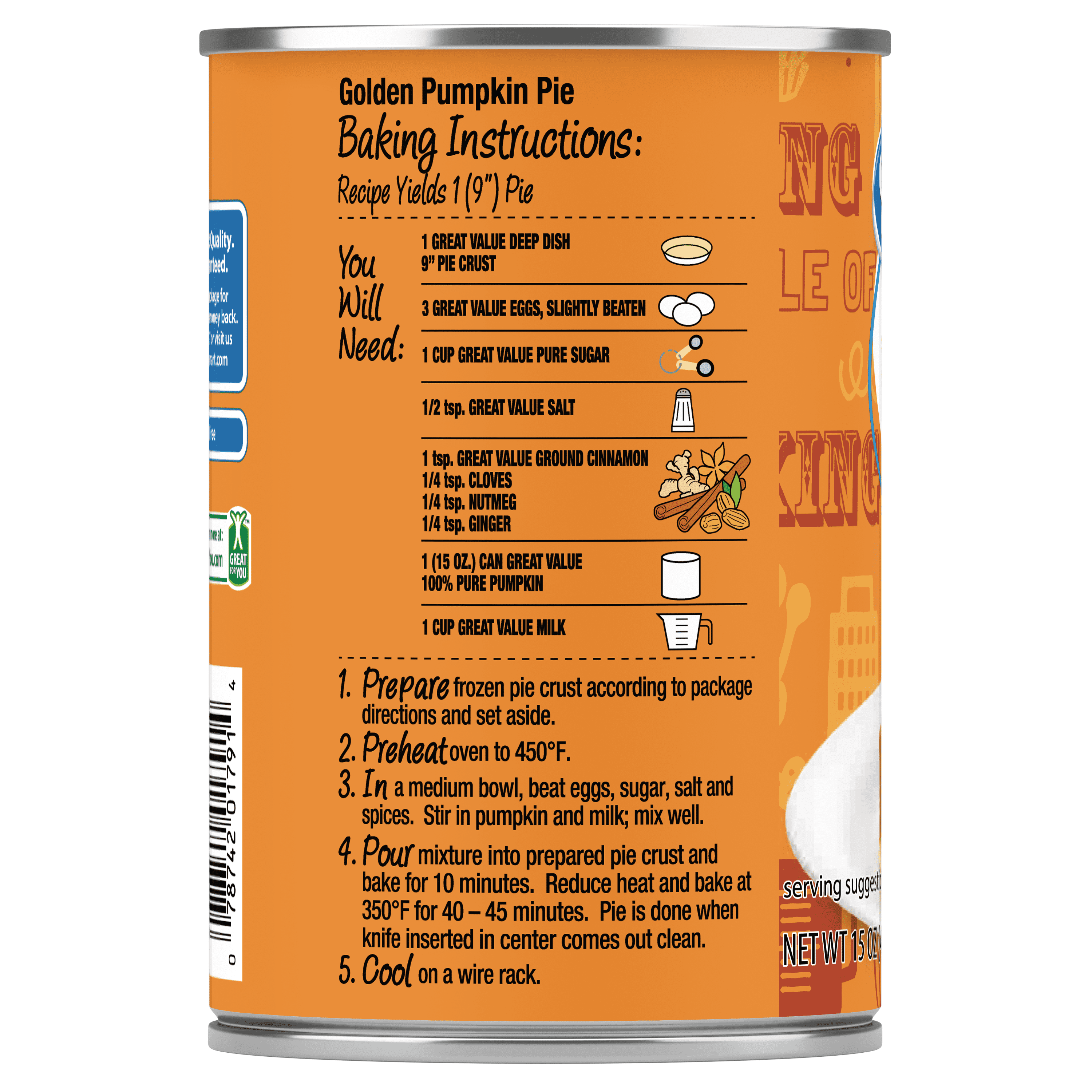 Great Value 100% Pure Pumpkin, 15 oz