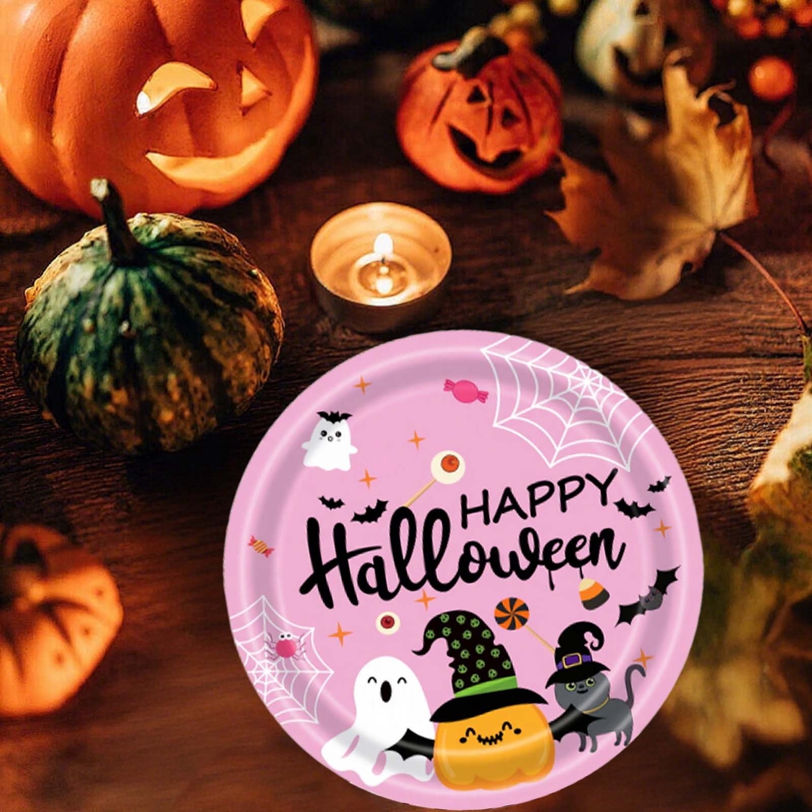 Eoozwa Pink Halloween Party Plates Set 20pcs Disposable Paper Plates and Napkins Cute Pumpkin Ghost Flower Tableware for Halloween Birthday Party Decoration Party Supplies