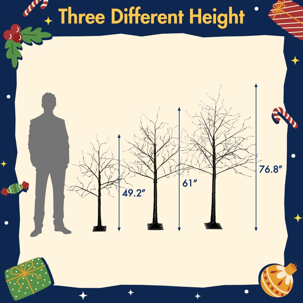 3-Pack Black Adjustable Branches Trees with Purple LED Lights, 4FT 5FT 6FT Pre-Lit Spooky Tree Set for Indoor Halloween Christmas Decor