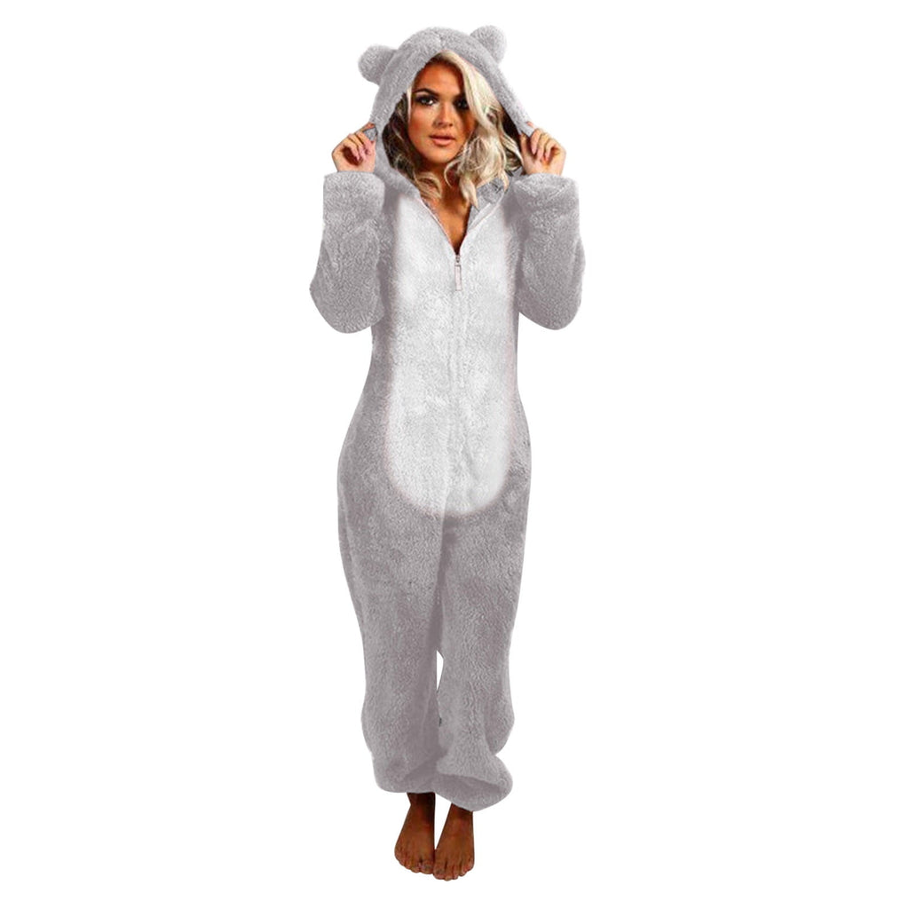 QATAINLAV Sherpa Fleece Jumpsuit for Women Winter Warm Fuzzy Onesie Pajamas Cute Cat Hooded Romper Casual Zip Up Overalls Sleepwear Black XL