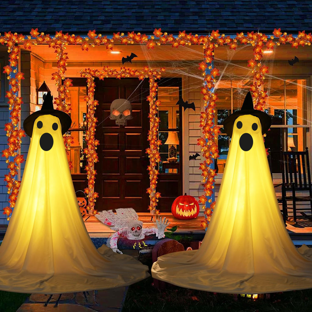 2Pcs Halloween Decorations Outdoor Ghost, DIY Ghost Kit Decor with Witch Hat Remote Control String Lights Halloween Decorations Indoor Halloween Ghost Lights for Porches Yards Gardens Lawn