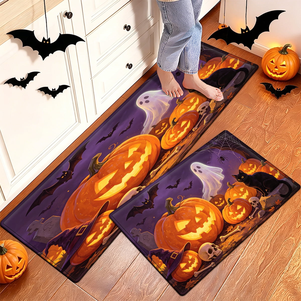 YIMEIS Halloween Pumpkin Lantern 3Pcs Flannel Mat & Kitchen Rugs Set,16''×24'' 20''×30'' 17''×47'' Inches,Soft Non-slip for Home Bathroom