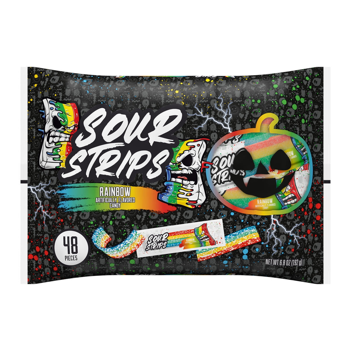 Sour Strips Rainbow Flavored Chewy, Halloween Candy Bag, 6.8 oz (48 Pieces)