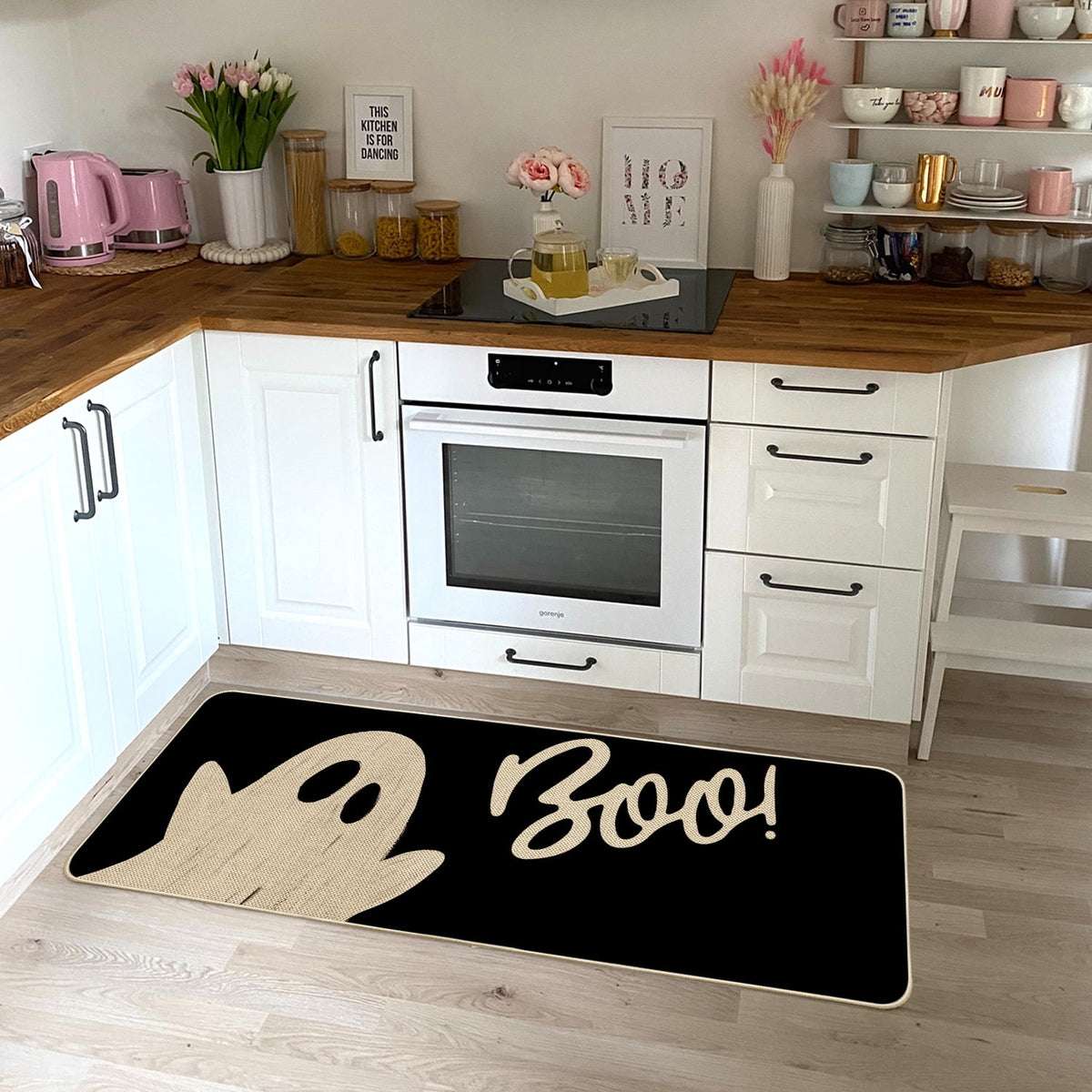 Sm:)e Polka Dot Black Cat, Jack-O'-Lantern, Ghost Halloween Welcome Doormat, 17x29 Inch